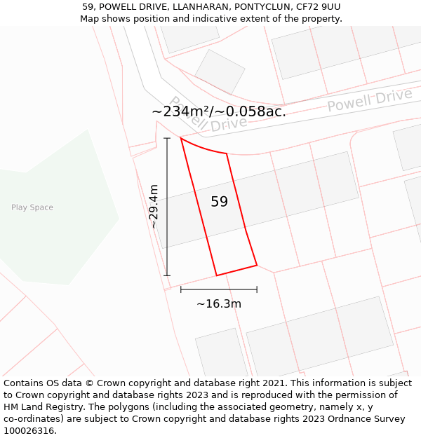 59, POWELL DRIVE, LLANHARAN, PONTYCLUN, CF72 9UU: Plot and title map