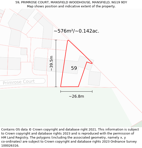 59, PRIMROSE COURT, MANSFIELD WOODHOUSE, MANSFIELD, NG19 9DY: Plot and title map