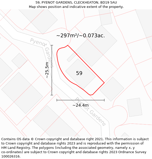 59, PYENOT GARDENS, CLECKHEATON, BD19 5AU: Plot and title map