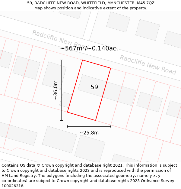 59, RADCLIFFE NEW ROAD, WHITEFIELD, MANCHESTER, M45 7QZ: Plot and title map
