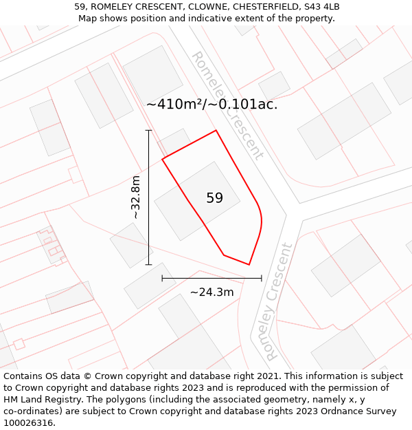 59, ROMELEY CRESCENT, CLOWNE, CHESTERFIELD, S43 4LB: Plot and title map