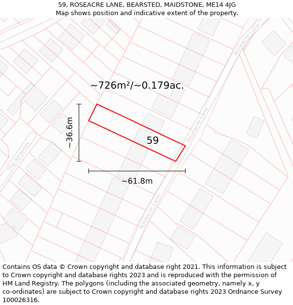 59, ROSEACRE LANE, BEARSTED, MAIDSTONE, ME14 4JG: Plot and title map