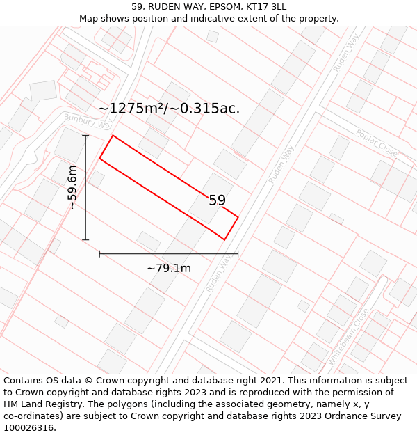 59, RUDEN WAY, EPSOM, KT17 3LL: Plot and title map