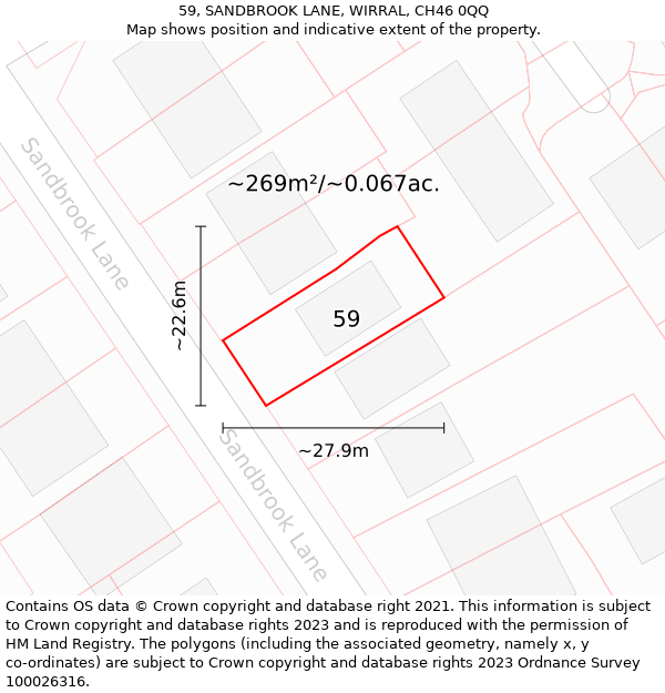 59, SANDBROOK LANE, WIRRAL, CH46 0QQ: Plot and title map