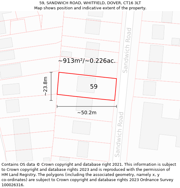 59, SANDWICH ROAD, WHITFIELD, DOVER, CT16 3LT: Plot and title map