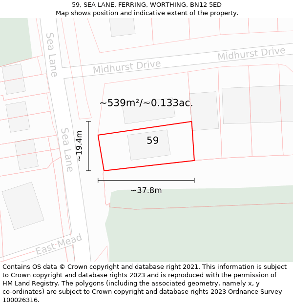 59, SEA LANE, FERRING, WORTHING, BN12 5ED: Plot and title map