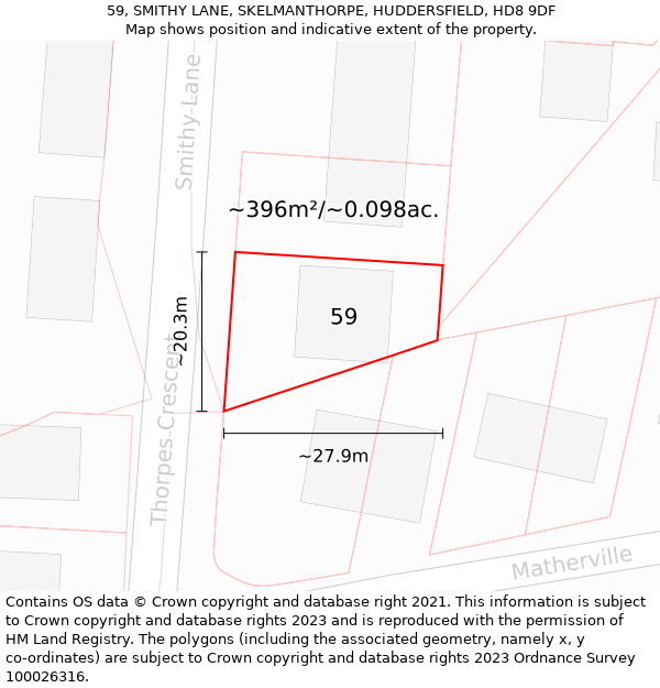 59, SMITHY LANE, SKELMANTHORPE, HUDDERSFIELD, HD8 9DF: Plot and title map