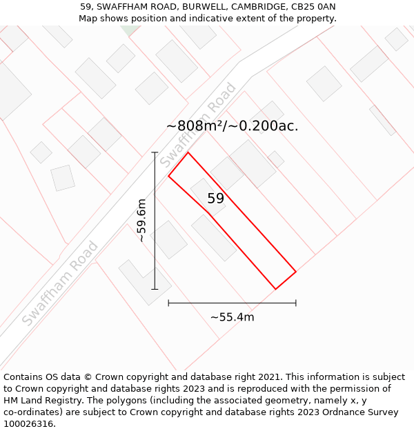 59, SWAFFHAM ROAD, BURWELL, CAMBRIDGE, CB25 0AN: Plot and title map