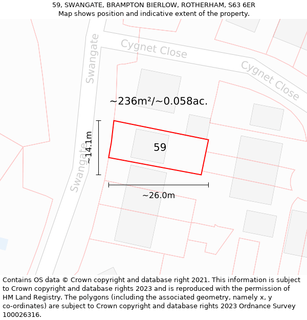 59, SWANGATE, BRAMPTON BIERLOW, ROTHERHAM, S63 6ER: Plot and title map