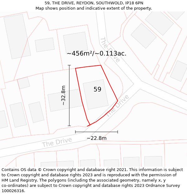 59, THE DRIVE, REYDON, SOUTHWOLD, IP18 6PN: Plot and title map