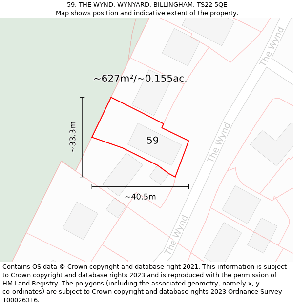 59, THE WYND, WYNYARD, BILLINGHAM, TS22 5QE: Plot and title map