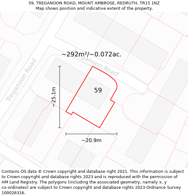 59, TREGANOON ROAD, MOUNT AMBROSE, REDRUTH, TR15 1NZ: Plot and title map