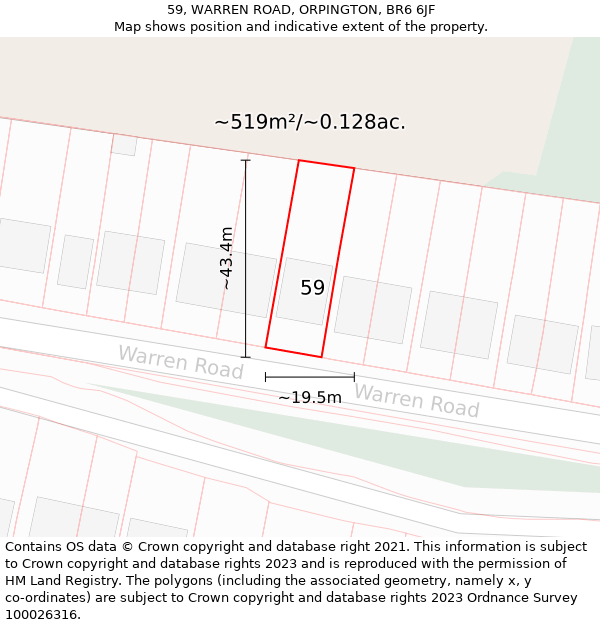 59, WARREN ROAD, ORPINGTON, BR6 6JF: Plot and title map