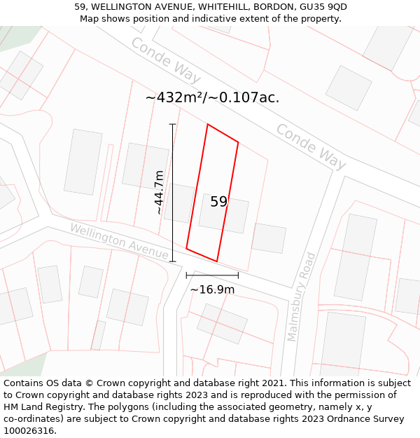 59, WELLINGTON AVENUE, WHITEHILL, BORDON, GU35 9QD: Plot and title map