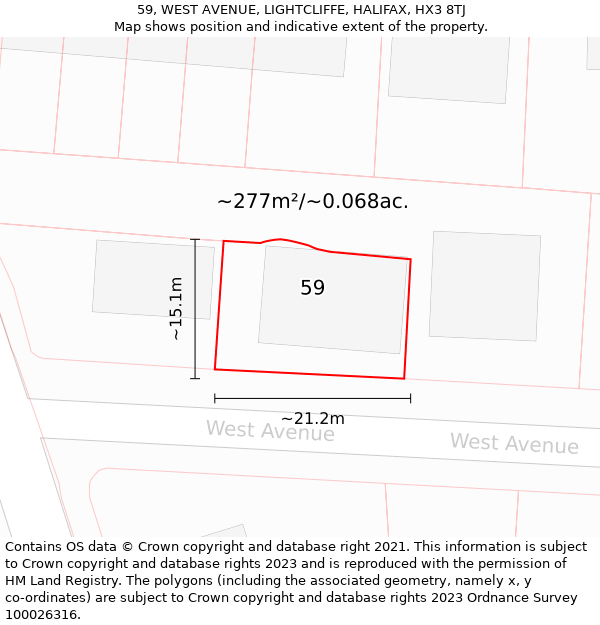 59, WEST AVENUE, LIGHTCLIFFE, HALIFAX, HX3 8TJ: Plot and title map