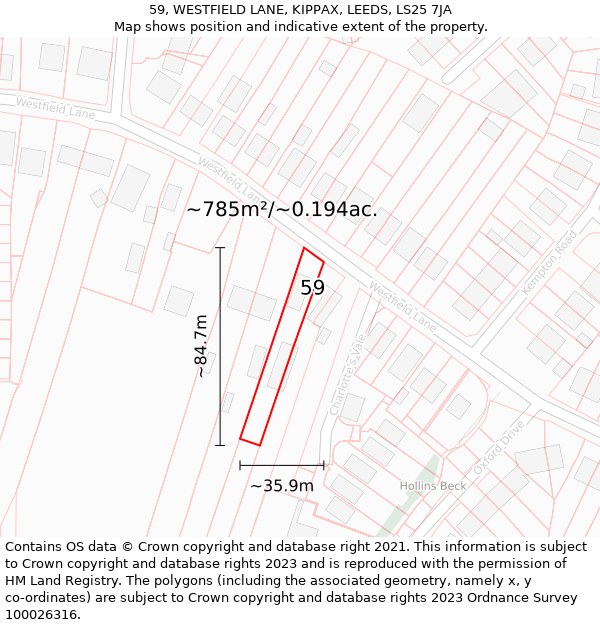 59, WESTFIELD LANE, KIPPAX, LEEDS, LS25 7JA: Plot and title map