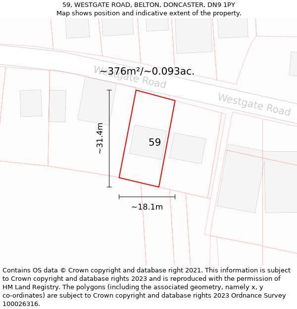 59, WESTGATE ROAD, BELTON, DONCASTER, DN9 1PY: Plot and title map