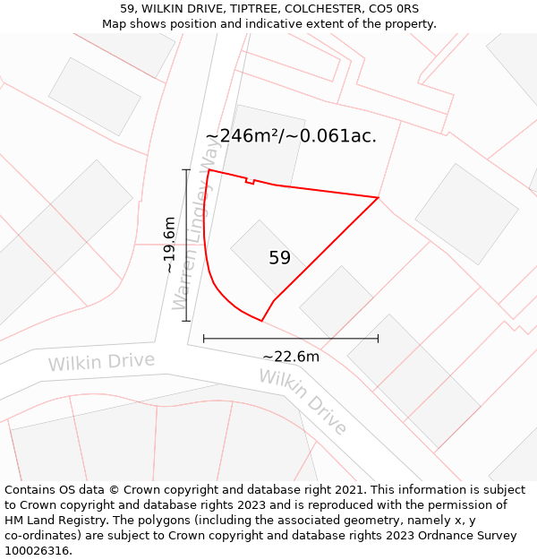 59, WILKIN DRIVE, TIPTREE, COLCHESTER, CO5 0RS: Plot and title map