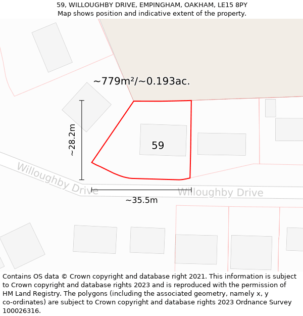 59, WILLOUGHBY DRIVE, EMPINGHAM, OAKHAM, LE15 8PY: Plot and title map