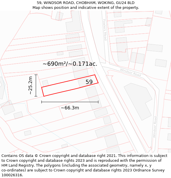 59, WINDSOR ROAD, CHOBHAM, WOKING, GU24 8LD: Plot and title map