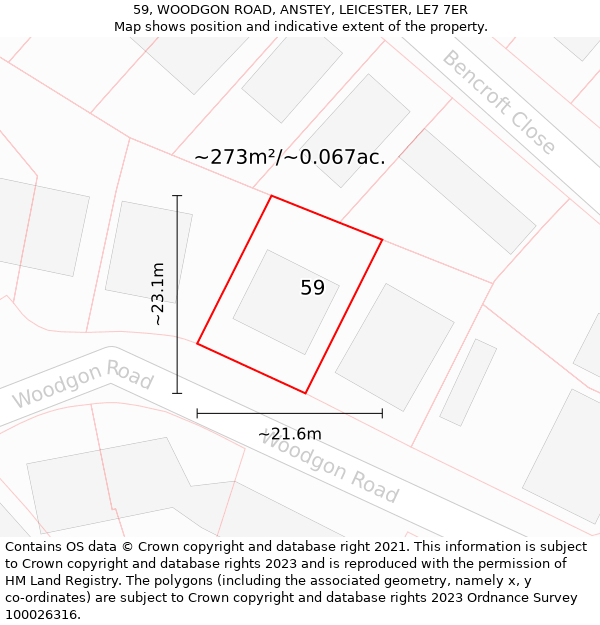 59, WOODGON ROAD, ANSTEY, LEICESTER, LE7 7ER: Plot and title map