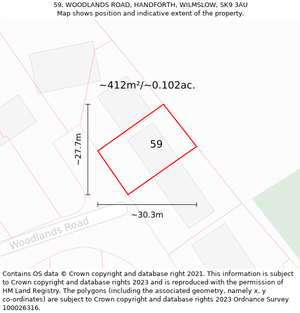 59, WOODLANDS ROAD, HANDFORTH, WILMSLOW, SK9 3AU: Plot and title map