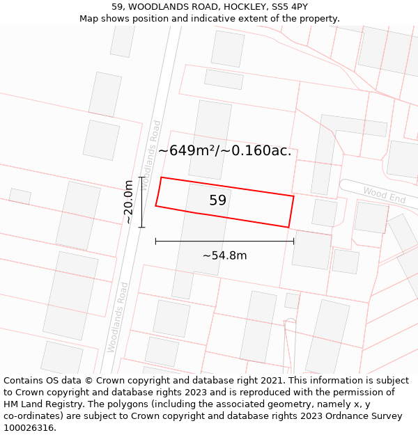 59, WOODLANDS ROAD, HOCKLEY, SS5 4PY: Plot and title map