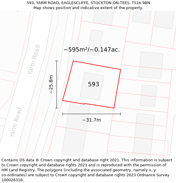 593, YARM ROAD, EAGLESCLIFFE, STOCKTON-ON-TEES, TS16 9BN: Plot and title map