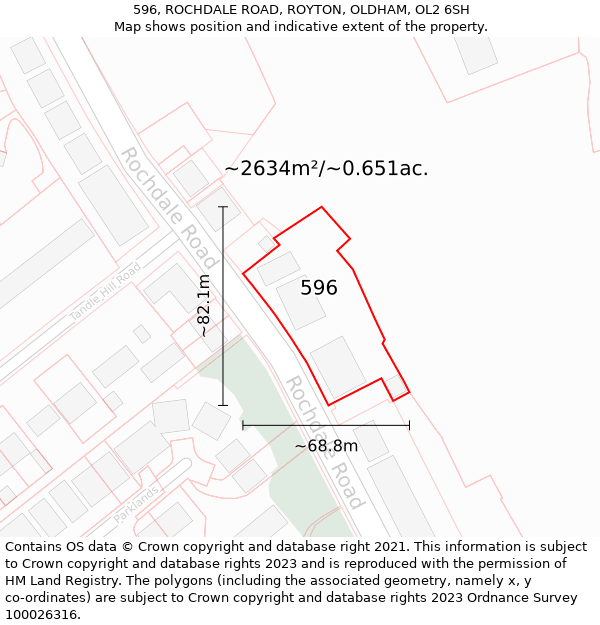 596, ROCHDALE ROAD, ROYTON, OLDHAM, OL2 6SH: Plot and title map