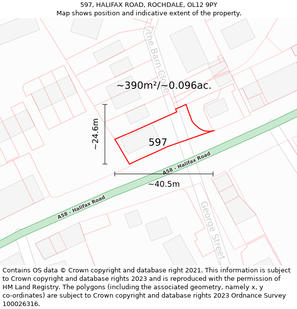 597, HALIFAX ROAD, ROCHDALE, OL12 9PY: Plot and title map