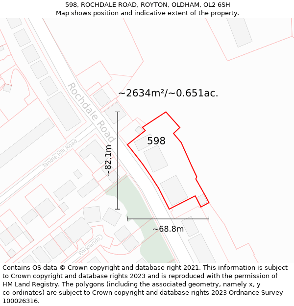 598, ROCHDALE ROAD, ROYTON, OLDHAM, OL2 6SH: Plot and title map