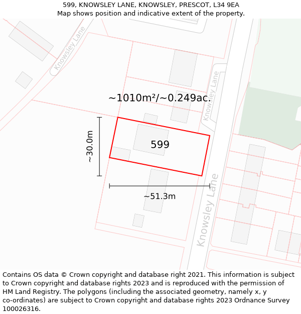 599, KNOWSLEY LANE, KNOWSLEY, PRESCOT, L34 9EA: Plot and title map
