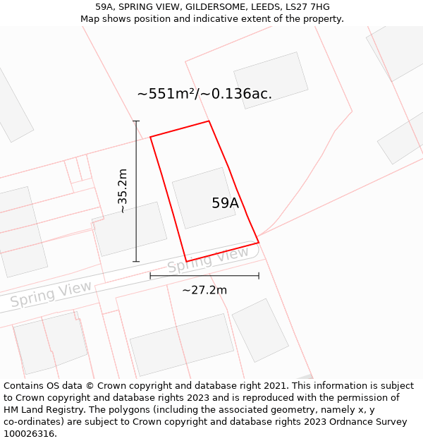 59A, SPRING VIEW, GILDERSOME, LEEDS, LS27 7HG: Plot and title map