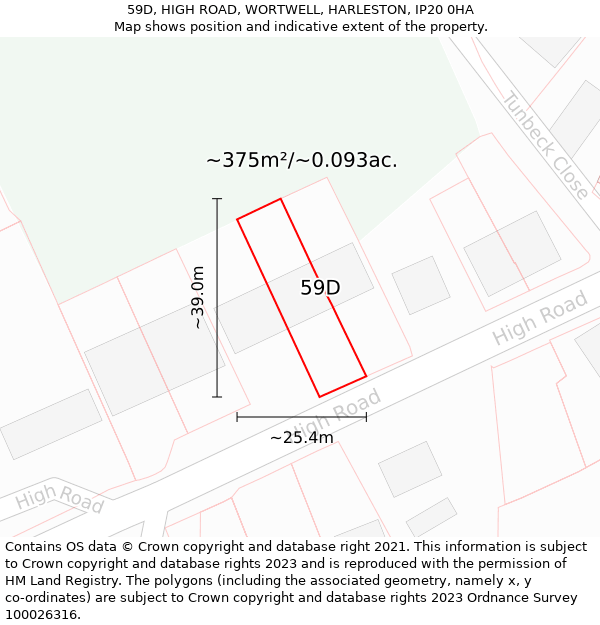 59D, HIGH ROAD, WORTWELL, HARLESTON, IP20 0HA: Plot and title map