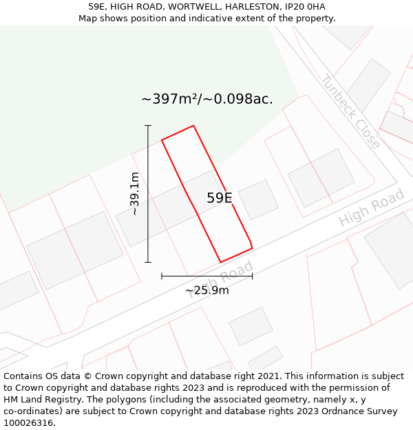 59E, HIGH ROAD, WORTWELL, HARLESTON, IP20 0HA: Plot and title map