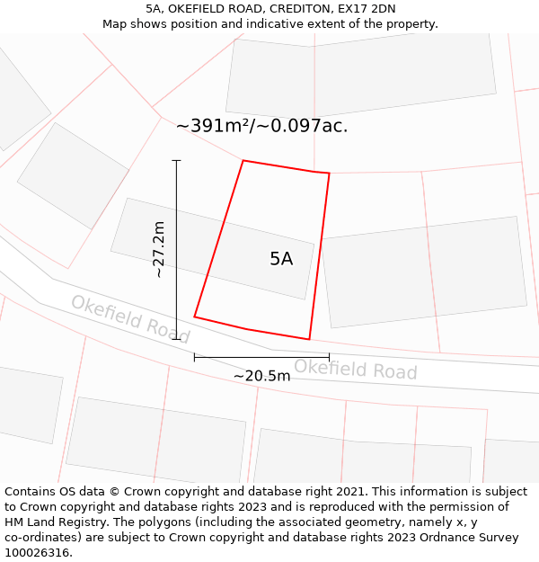 5A, OKEFIELD ROAD, CREDITON, EX17 2DN: Plot and title map