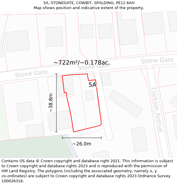 5A, STONEGATE, COWBIT, SPALDING, PE12 6AH: Plot and title map