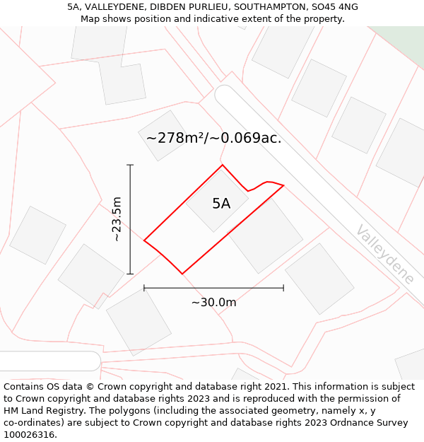 5A, VALLEYDENE, DIBDEN PURLIEU, SOUTHAMPTON, SO45 4NG: Plot and title map