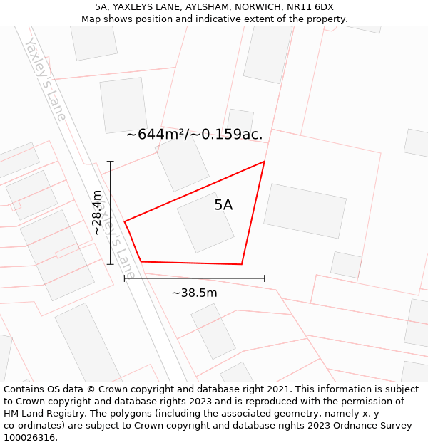 5A, YAXLEYS LANE, AYLSHAM, NORWICH, NR11 6DX: Plot and title map