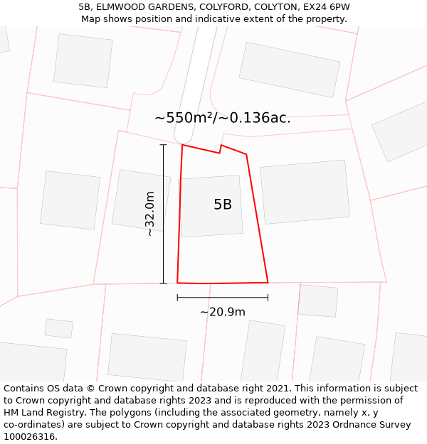 5B, ELMWOOD GARDENS, COLYFORD, COLYTON, EX24 6PW: Plot and title map