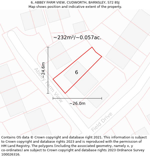 6, ABBEY FARM VIEW, CUDWORTH, BARNSLEY, S72 8SJ: Plot and title map