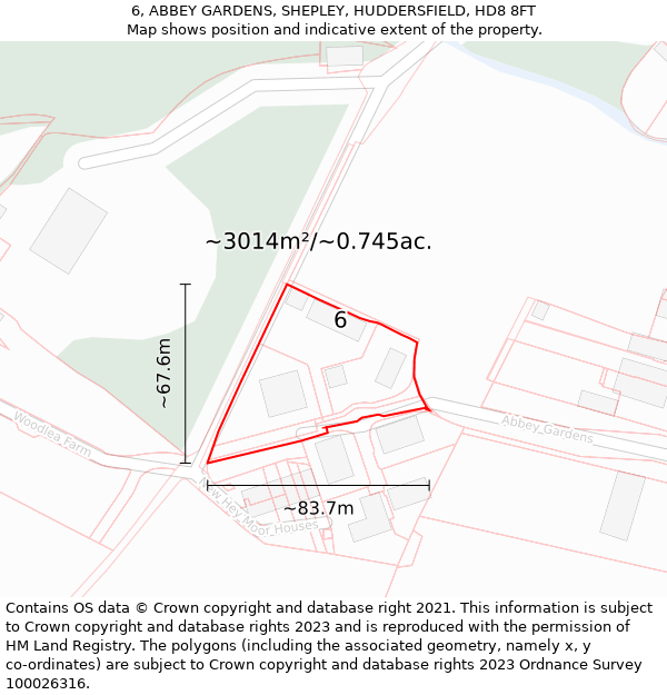 6, ABBEY GARDENS, SHEPLEY, HUDDERSFIELD, HD8 8FT: Plot and title map