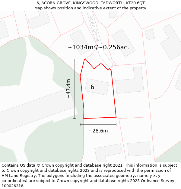 6, ACORN GROVE, KINGSWOOD, TADWORTH, KT20 6QT: Plot and title map