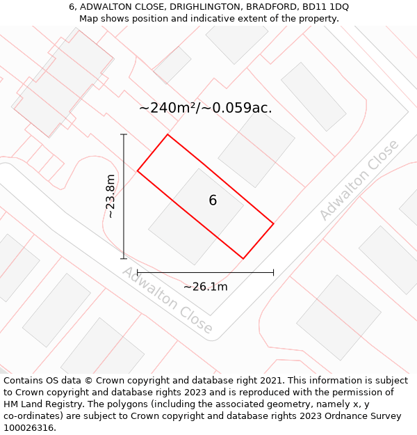 6, ADWALTON CLOSE, DRIGHLINGTON, BRADFORD, BD11 1DQ: Plot and title map