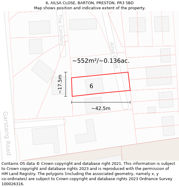 6, AILSA CLOSE, BARTON, PRESTON, PR3 5BD: Plot and title map