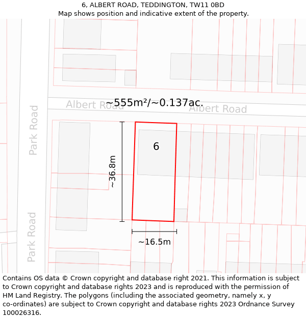 6, ALBERT ROAD, TEDDINGTON, TW11 0BD: Plot and title map