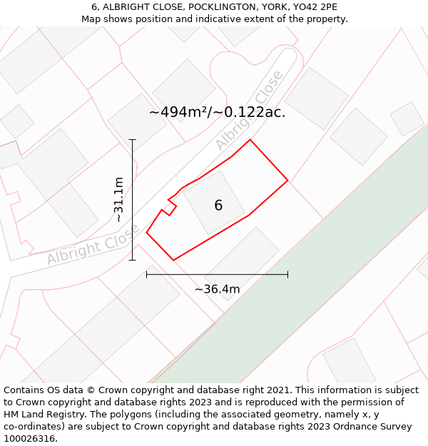 6, ALBRIGHT CLOSE, POCKLINGTON, YORK, YO42 2PE: Plot and title map