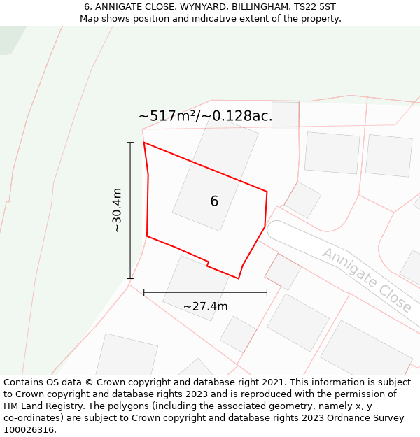 6, ANNIGATE CLOSE, WYNYARD, BILLINGHAM, TS22 5ST: Plot and title map