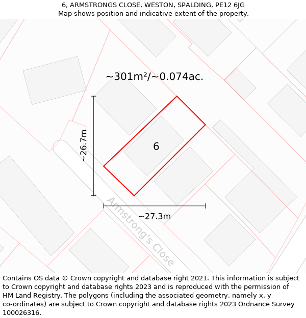 6, ARMSTRONGS CLOSE, WESTON, SPALDING, PE12 6JG: Plot and title map