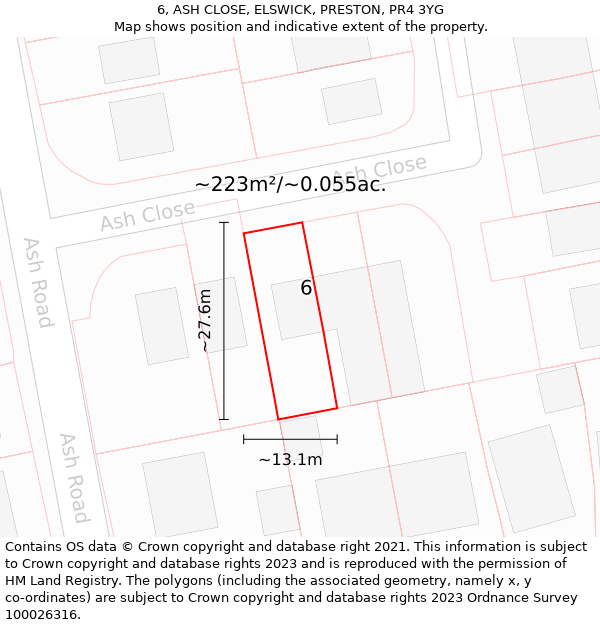6, ASH CLOSE, ELSWICK, PRESTON, PR4 3YG: Plot and title map